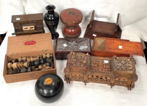 A selection of boxes, chess sets and treen