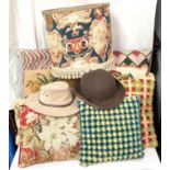 A brown bowler hat; an Australian leather hat; a period style lampshade; a selection of cushions
