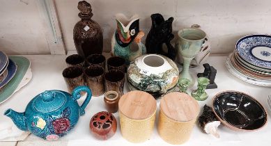 A selection of studio pottery vases, teapots etc