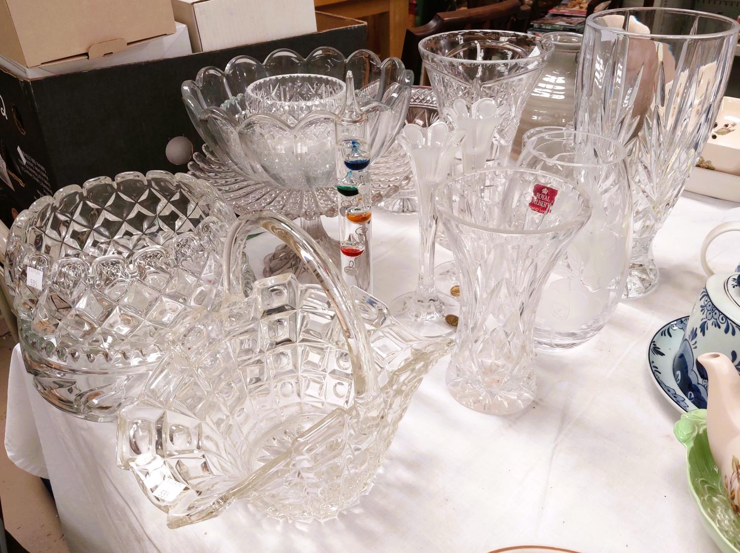 A selection of cut and other decorative glass ware; 2 novelty walking sicks; 2 pairs of opera