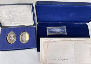 A Danbury Mint "QEII Silver Jubilee Tour" hallmarked silver block; a boxed pair of hallmarked silver