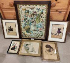 A Victorian collage picture in frame (old stamp to back) 42x29cm, two 1920's mixed media
