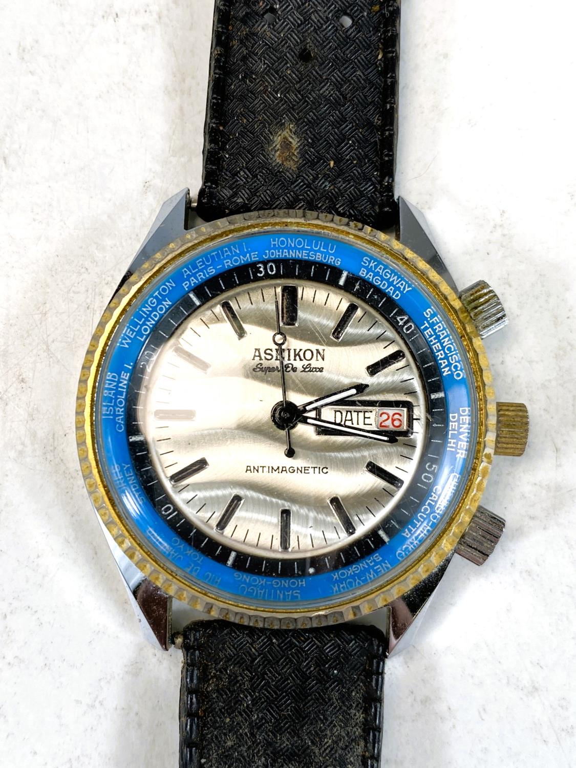 A vintage Aseikon gents wristwatch with rotating inner blue bezel on Tropical strap - Image 2 of 5