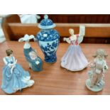 Two Royal Doulton figures "Lorraine" and "June"; 2 Lladro figures, girl with a bird and a modern