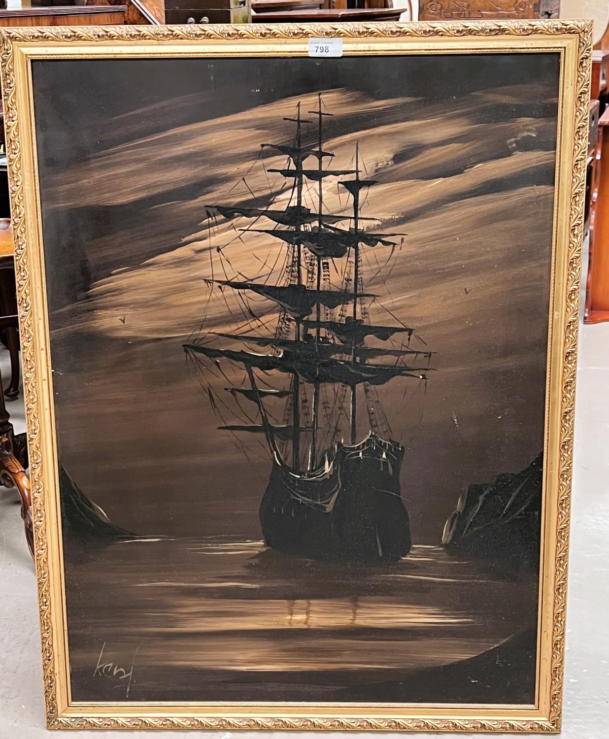 A 20th century three mast sailing ships with sails reefed at night, oil on canvas, signed
