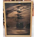 A 20th century three mast sailing ships with sails reefed at night, oil on canvas, signed