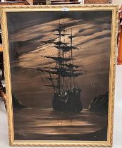 A 20th century three mast sailing ships with sails reefed at night, oil on canvas, signed