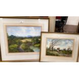 E. Bradley, 2 landscapes, figures crossing a bridge and a windy day, 2 oils, signed, framed and