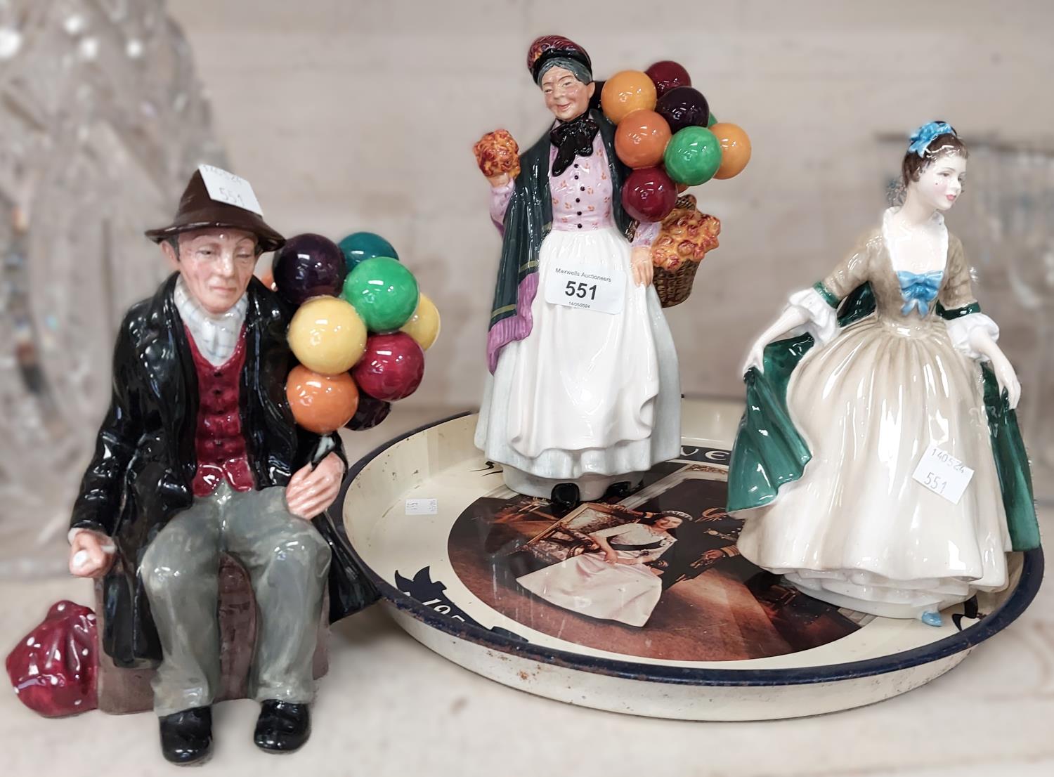 Three Royal Doulton figures "Biddy Penny Farthing" HN1843, "The Balloon Man" HN1954; "Elegance"