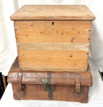 A 19th century leather case (a/f); a small pine box