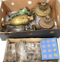 Two brass reservoirs for Victorian oil lamps; a pair of brass vases; a vintage mincing machine; a
