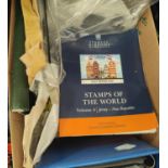 Box including Stanley Gibbons, World Catalogues 2023 plus album pages and accessories