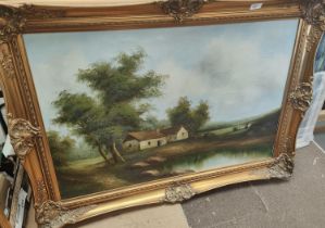 V. Smith, farm buildings in a landscape, oil on canvas, signed, 60 x 90cm framed