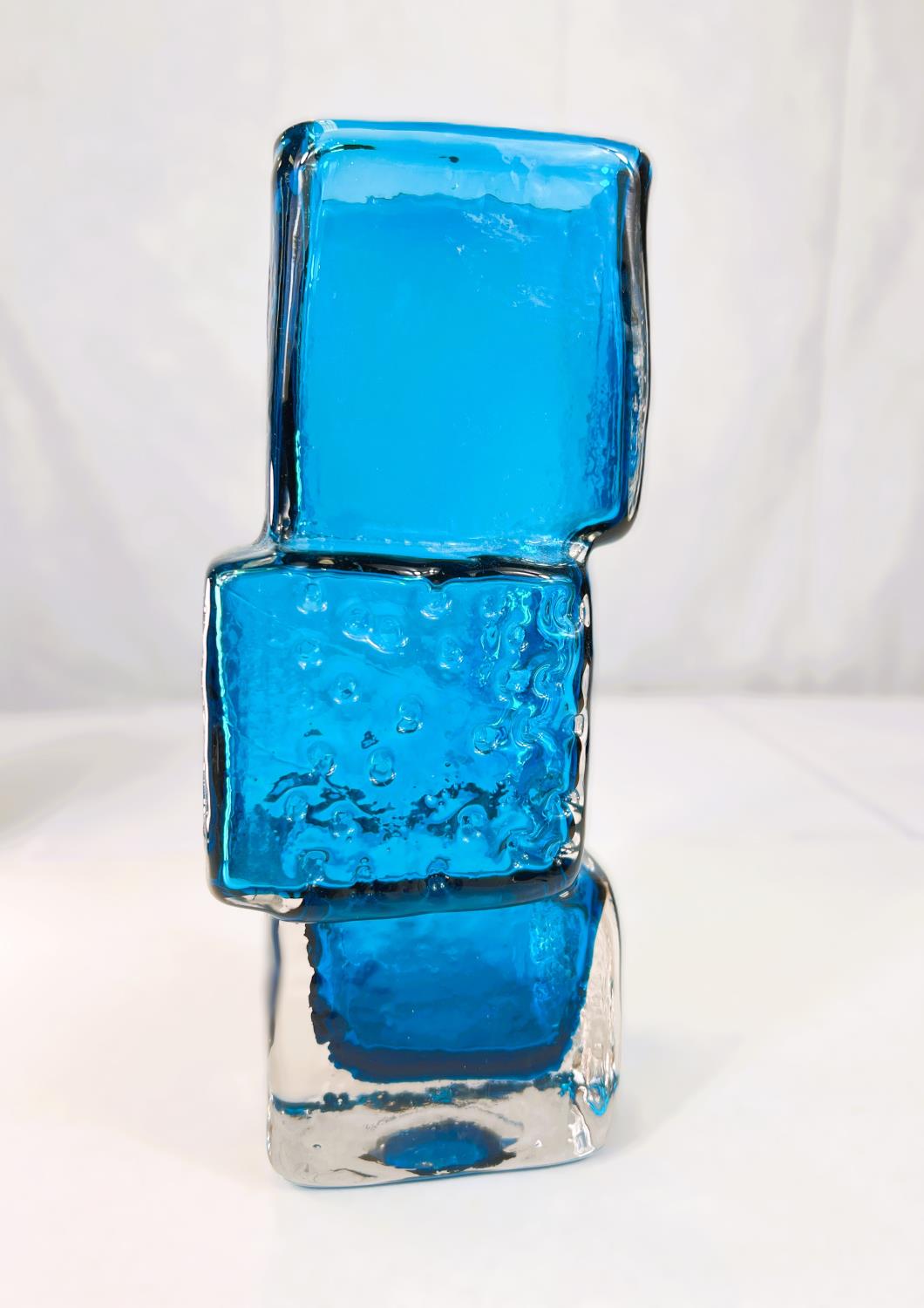 Whitefriars designed by Geoffrey Baxter 'Drunken Bricklayer' Kingfisher blue glass vase, Model 9672,