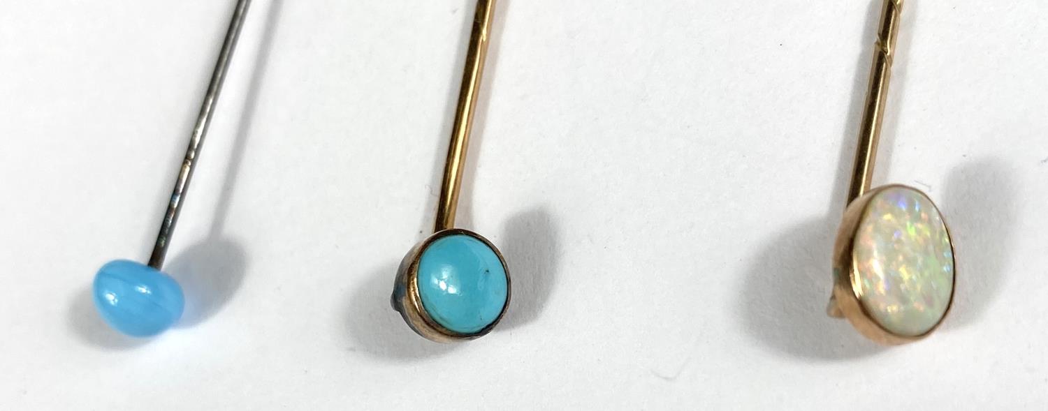 A cased opal and 9ct gold stick pin and two others set with Turquoise stones cased - Image 3 of 3