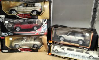 Five 1/18 scale metal car models in original packaging, Motor Max Premier collection, Hotwheels, etc