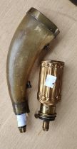 An American shot flask signed, made from horn and metal and another