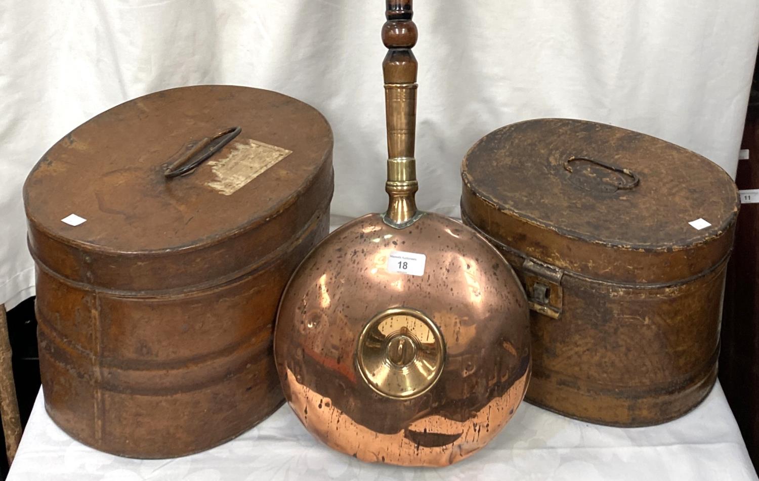 A 19th century hot water copper bed warmer; 2 19th century metal hat boxes - Image 2 of 2