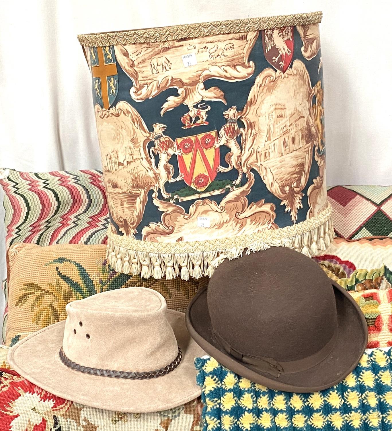 A brown bowler hat; an Australian leather hat; a period style lampshade; a selection of cushions - Image 2 of 2