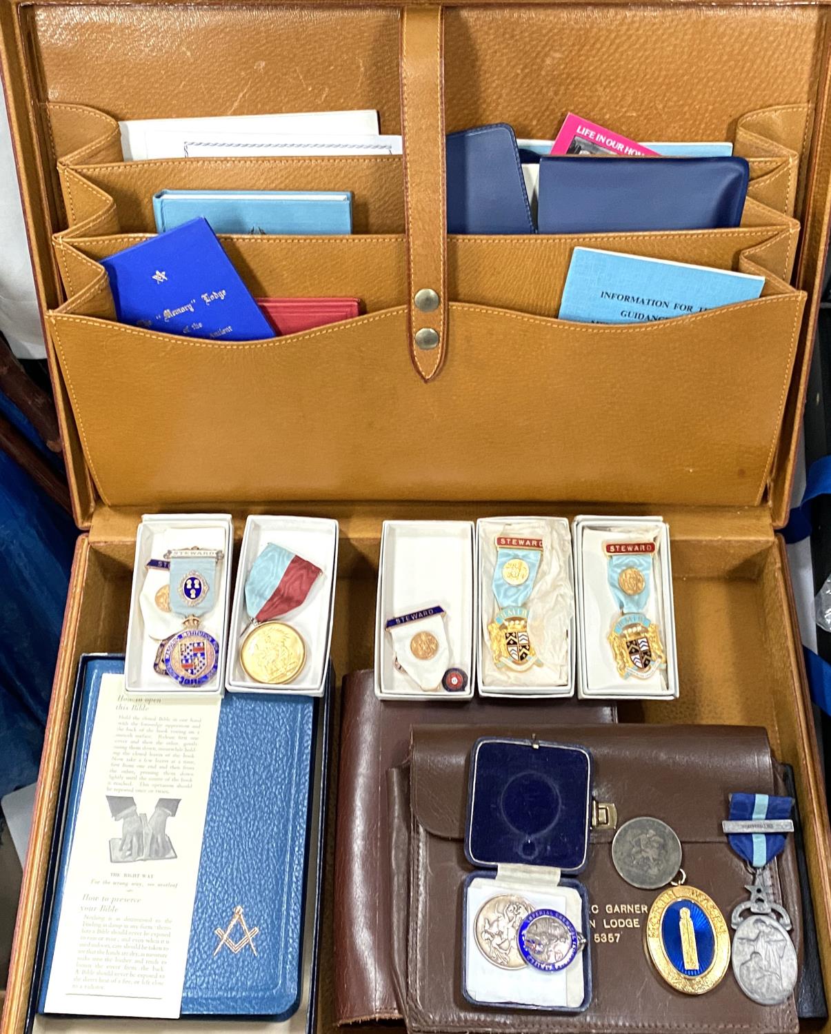 Two suitcases of Masonic aprons, regalia, jewels etc, some silver examples - Image 2 of 6