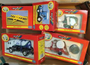 Five boxed Britians 1:32 scale vehicles boxed, Ford 2120 Tractor, Milk Marque Tanker, Round Baler,