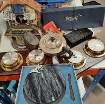 Modern ship's style barometer, clock wall hanging sets, brass bell, train clock, silver plate and