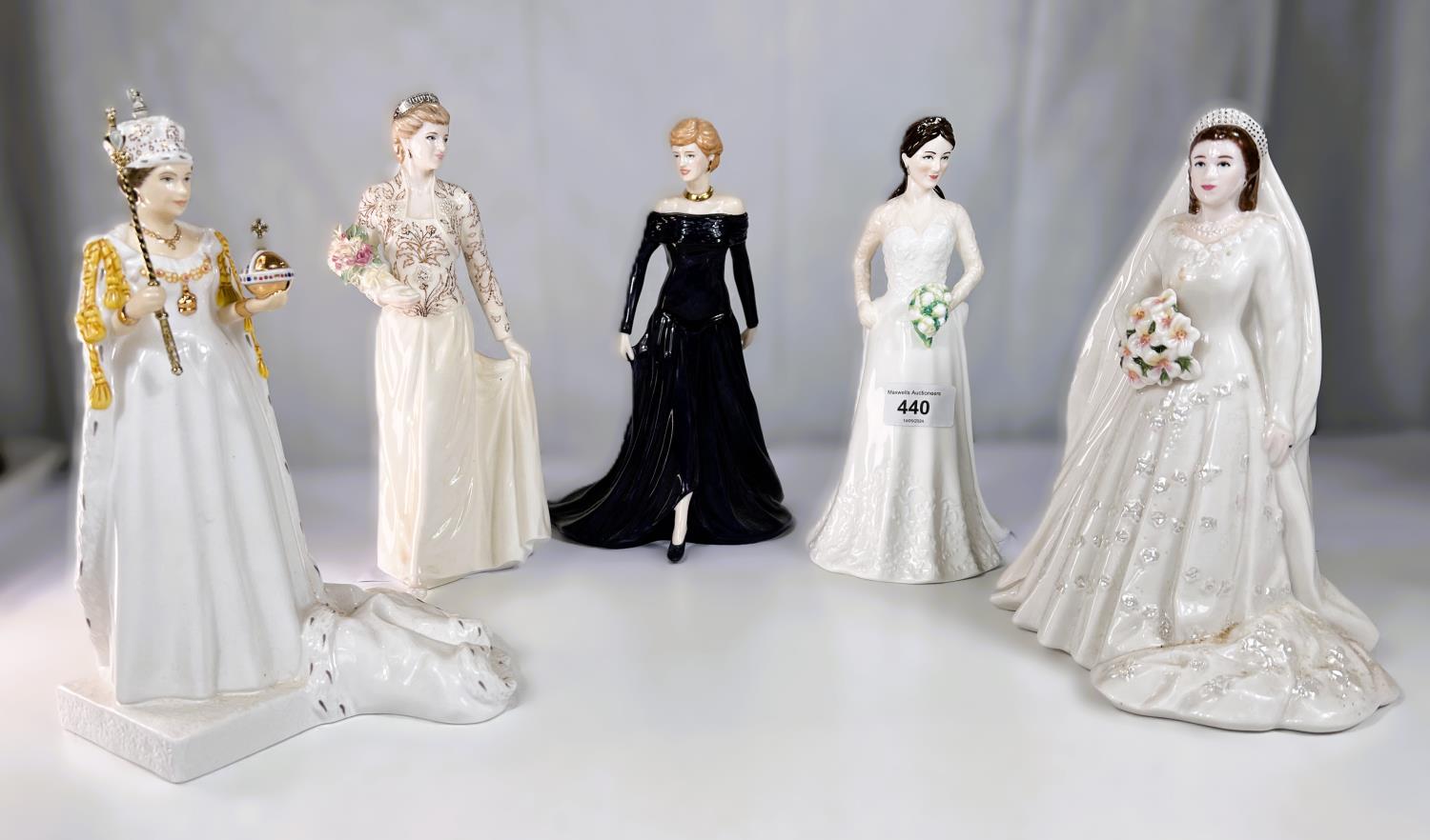 Five ceramic Royal figures, Royal Worcester Queen Elizabeth II 2007 Wedding Anniversary figure,