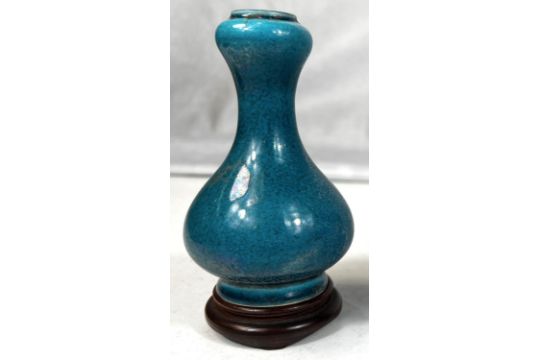 Three miniature Chines baluster vases, each with stand, in shades of turquoise and green, two with - Image 2 of 5