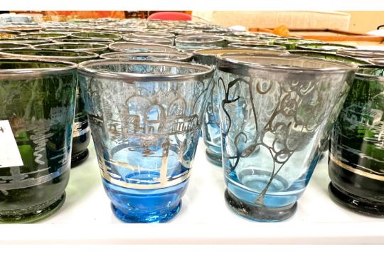 Approximately 96 Murano style shot-glasses, various colours, silvered rim and decoration of Venetian - Image 3 of 3