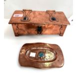 ARTS & CRAFTS BOX: a copper glove box in beaten copper with blue enamel cabochons, signed F G