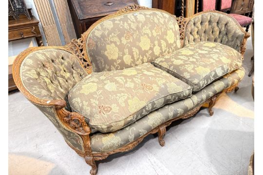 A 19th century carved walnut show-frame settee in the Louis XV manner, in green/gold floral - Image 2 of 8