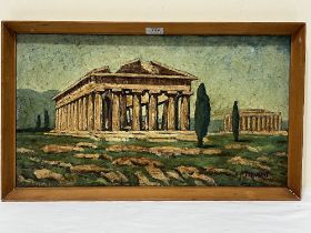 20th CENTURY SCHOOL. Classical ruins in a landscape. Signed "Ellwood". Oil on board. 13" x 23½"