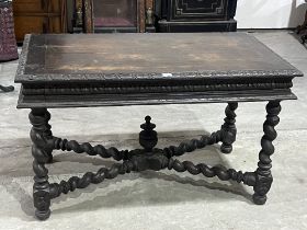 A Victorian oak carved antiquarian taste table with frieze drawer, on spiral turned legs and