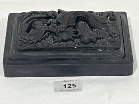 A Chinese inkstone calligrapher"s box, the cover carved with a dragon and pearl in high relief. 7"