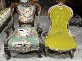 A Victorian walnut and line inlaid spoon back lady's chair and a Victorian mahogany parlour