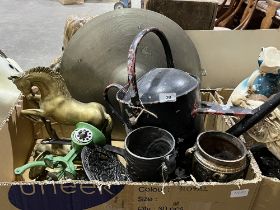 A box of miscellaneous metalware