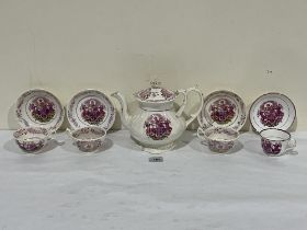 The Temperence Movement. A 19th century pink lustre Temperance themed teapot and four cups and