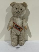 A late 1930s white plush jointed teddy bear with Berlin Olympic sash. 15" high