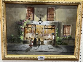 DEBORAH JONES. BRITISH 1921-2012 Scene outside a Victorian tearoom. Signed. Oil on board 12" x 16"