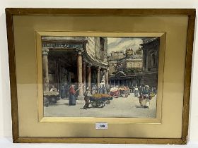 SARAH ELIZABETH ROBERTS HORTON; B.W.S; BRITISH 1865-1959 A Street Market, probably Bath. Signed.