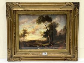 ENGLISH SCHOOL. 19th CENTURY. A landscape with figures. Oil on board. 12" x 16"