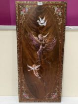 A 19th century mahogany panel with banded and strung inlay, later painted with a dove, winged