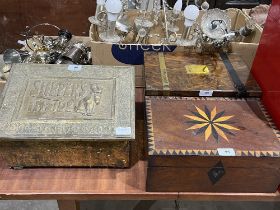 A Victorian writing slope; an inlaid mahogany box and brass embossed slipper box. (3).