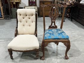 A Victorian mahogany and upholstered parlour chair and a Chippendale style dining chair.