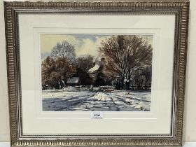 BRIAN SHEWARD. BRITISH CONTEMPORARY. Winter scene with cottage and fox. Signed and dated '85.
