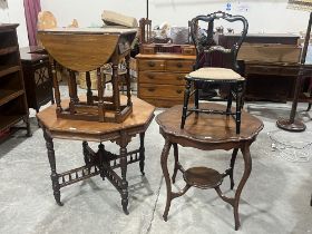 Two early 20th Century centre tables; a small oak dropleaf table and a Victorian mother-of-pearl