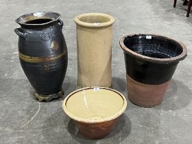 A Belgian pottery water jar, 24" high; a Buckley terracotta dairy jar; clay chimney pot amd a