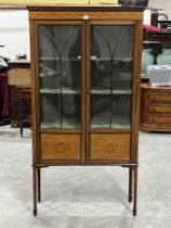 An Edward VII mahogany and line inlaid Sheraton style display cabinet, enclosed by a pair of