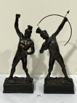 A pair of early 20th Century speltar figures of Spartan warriors. 16" high.