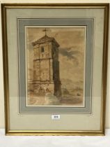 LAWRENCE BURD. BRITISH FL. 1848-1870. A tower in a landscape. Watercolour 14" x 10".